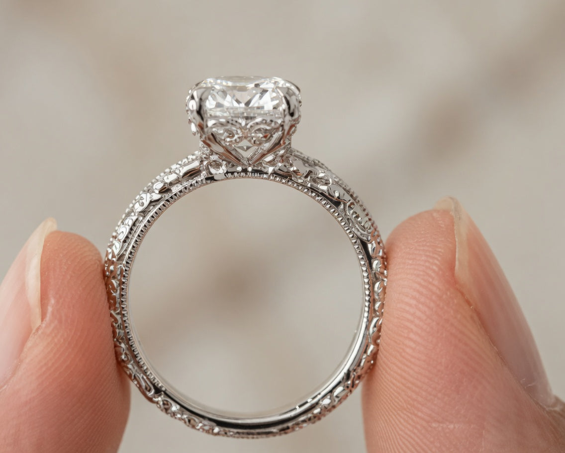 2.00 CT Vintage Inspired Pear Cut Lab-Grown Diamond Engagement Ring in 14K White Gold – Hand-Engraved Floral Art Deco Design