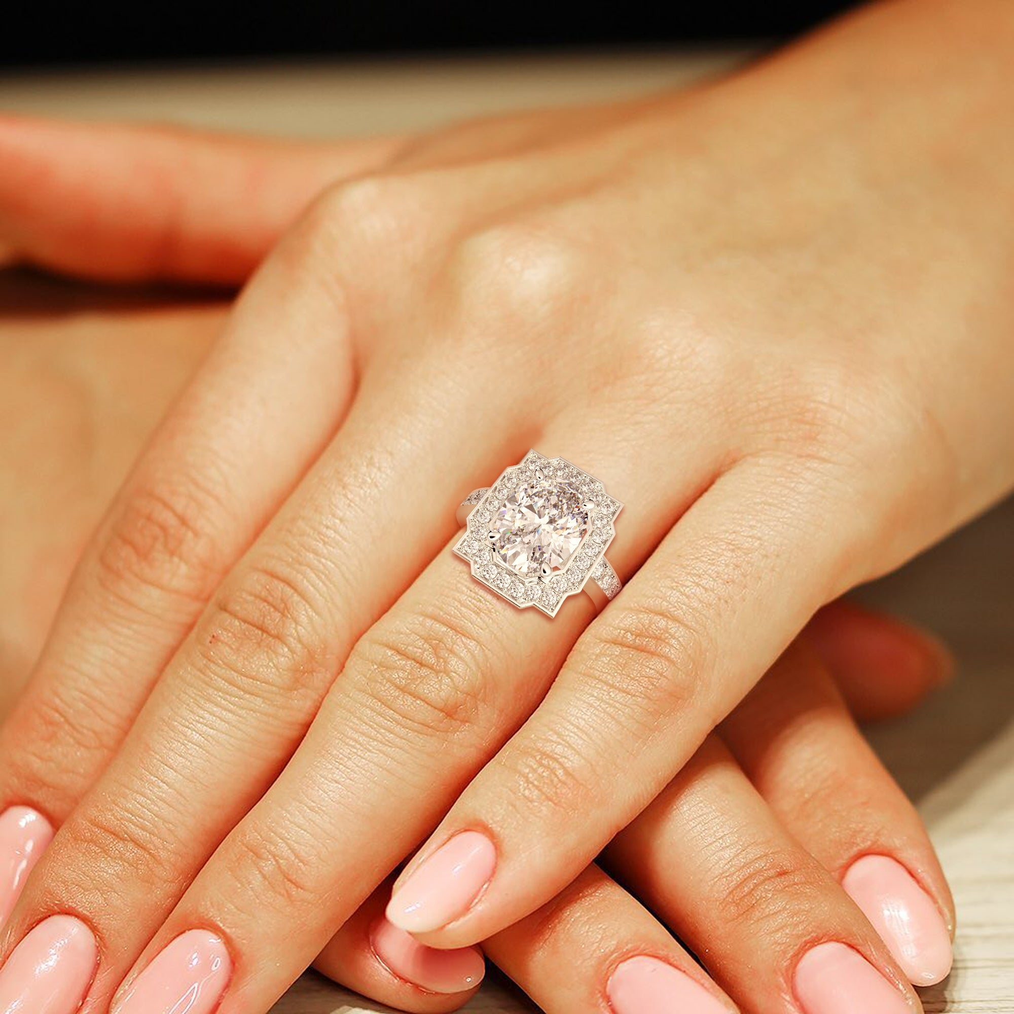 3.5 Carat VS1 D Lab Grown Diamond Halo Pave Oval Ring