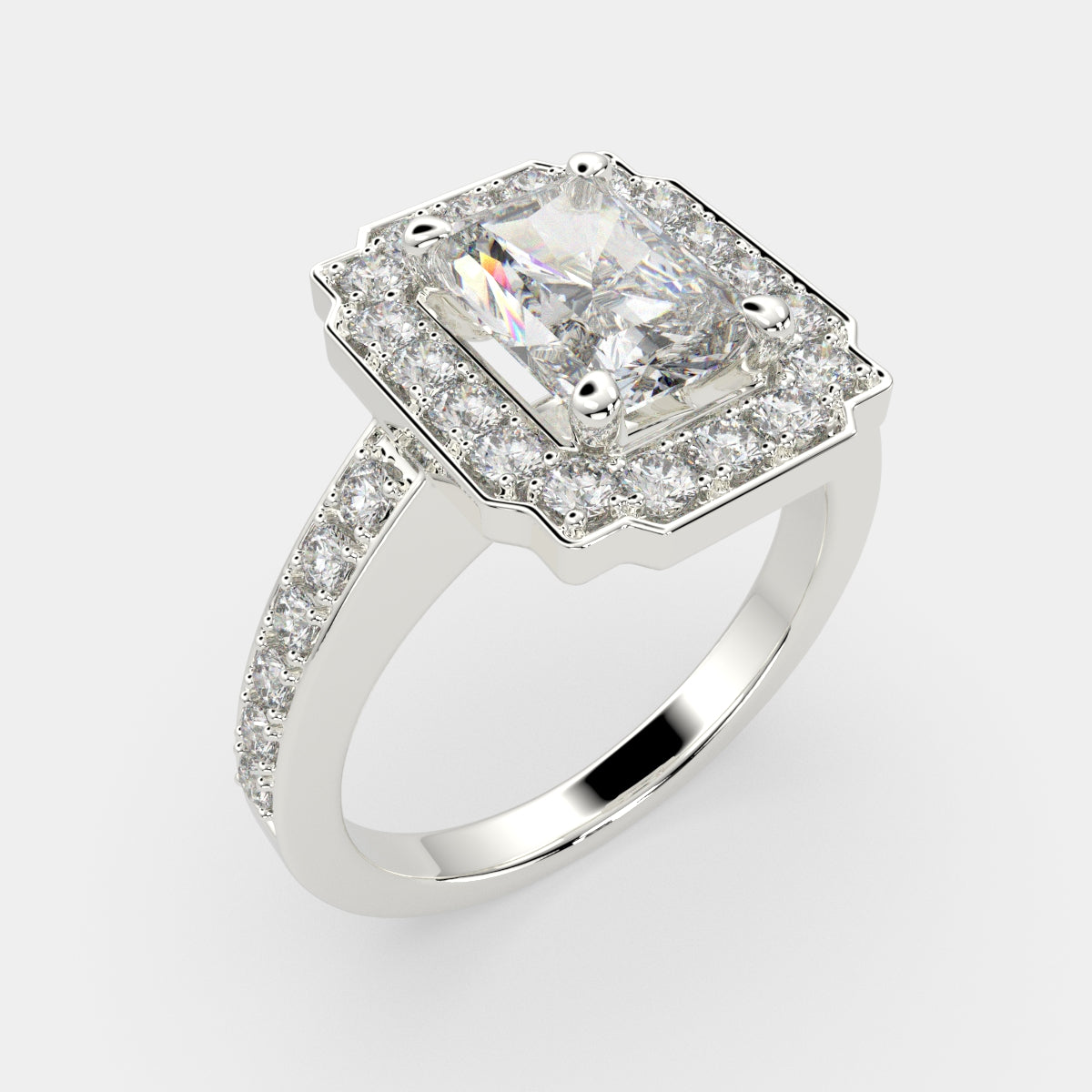 2.5 Carat VS1 D Lab Grown Diamond Halo Pave Radiant Ring