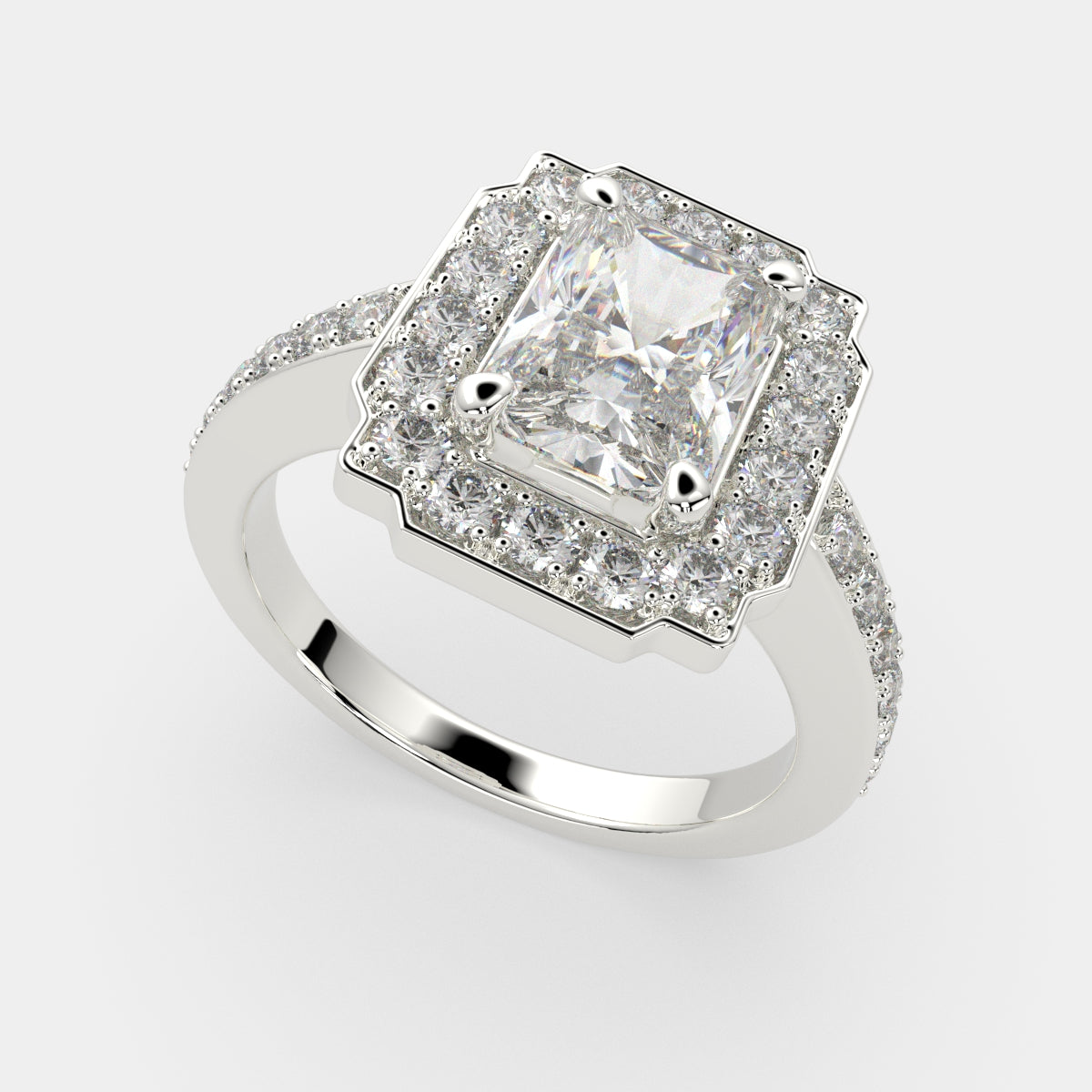 2.5 Carat VS1 D Lab Grown Diamond Halo Pave Radiant Ring
