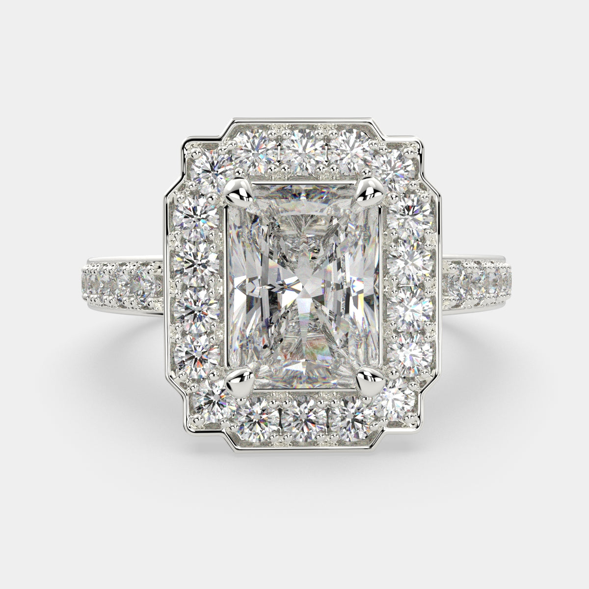 2.5 Carat VS1 D Lab Grown Diamond Halo Pave Radiant Ring