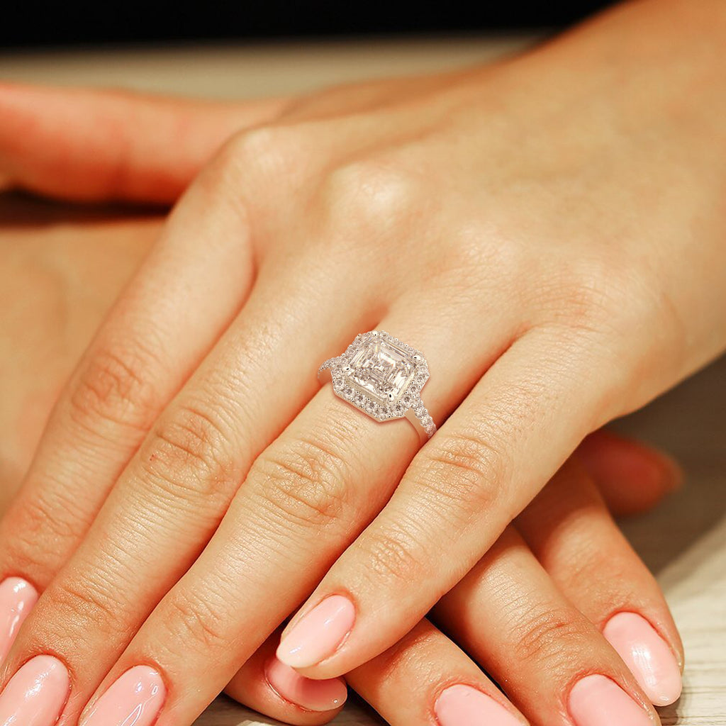 4.5 Carat VS1 D Lab Grown Diamond Halo Pave Emerald Ring