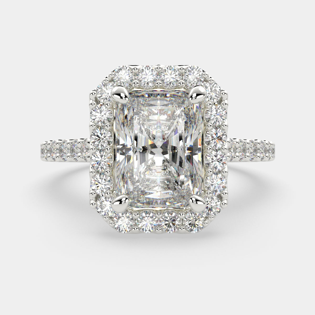 3.5 Carat VS1 D Lab Grown Diamond Halo Pave Radiant Ring