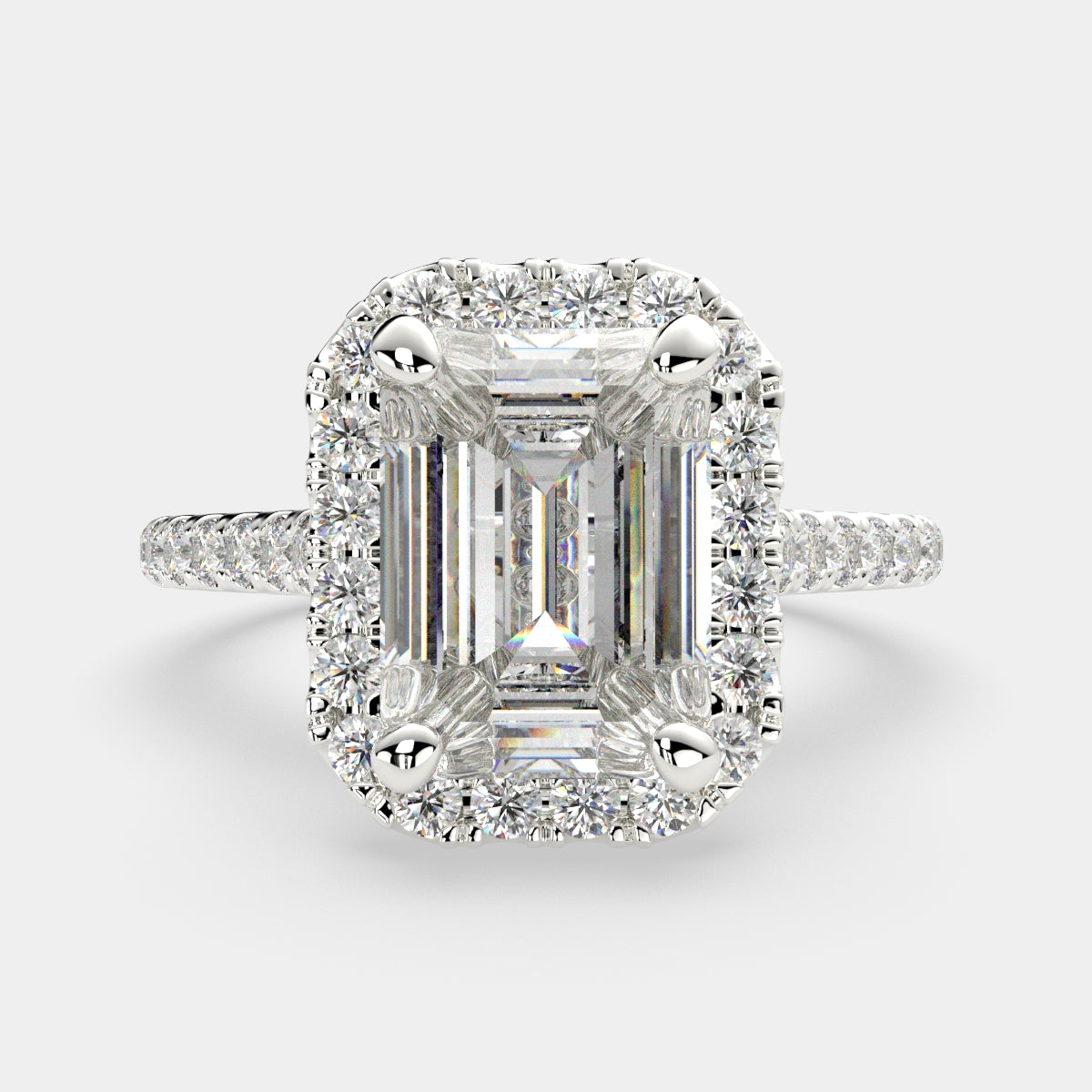 3.4 Carat VS1 D Lab Grown Diamond Halo Pave Emerald Ring
