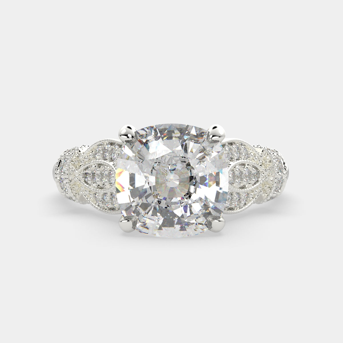 3.15 Carat VS1 D Lab Grown Diamond Pave Cushion Ring