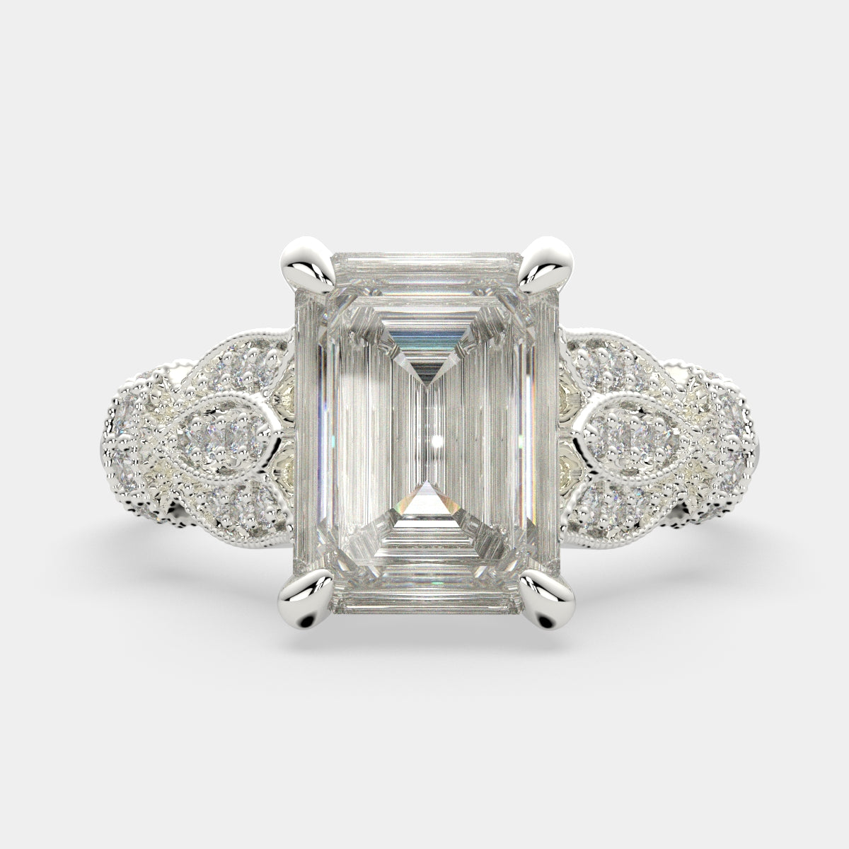 4.15 Carat VS1 D Lab Grown Diamond Pave Emerald Ring