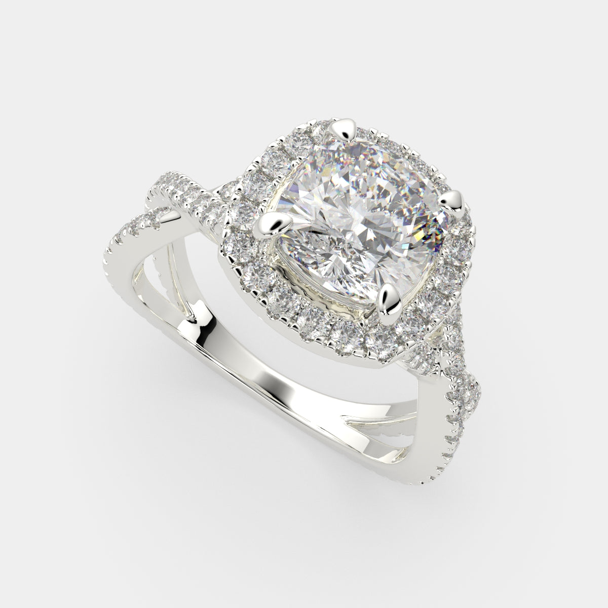 1.35 Carat VS1 D Lab Grown Diamond Halo Pave Split Shank Cushion Ring
