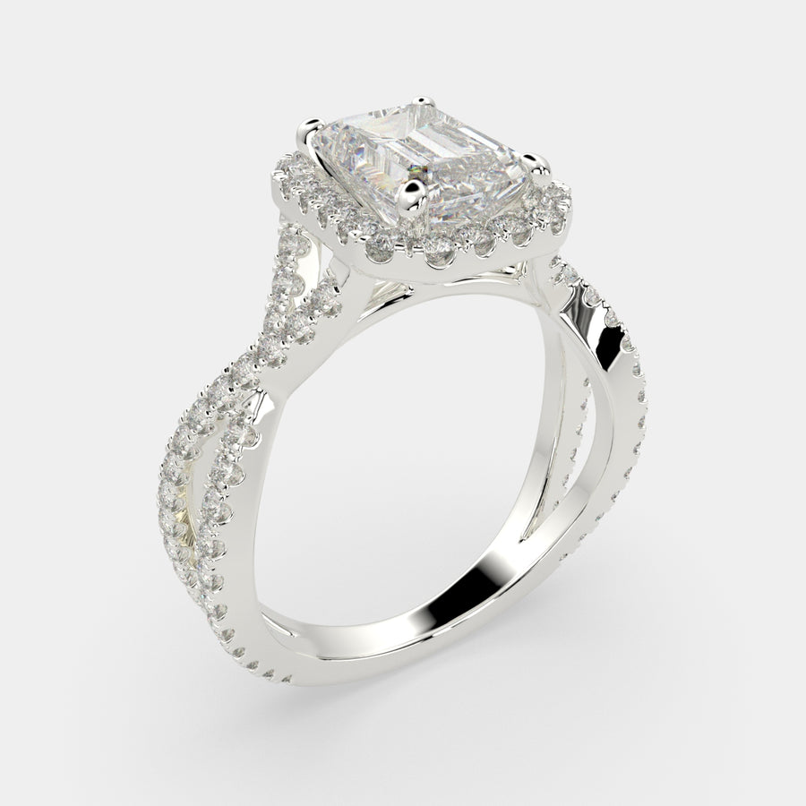 Ophelia 2.35 Carat Emerald Cut Pave Halo Split Shank Engagement Ring