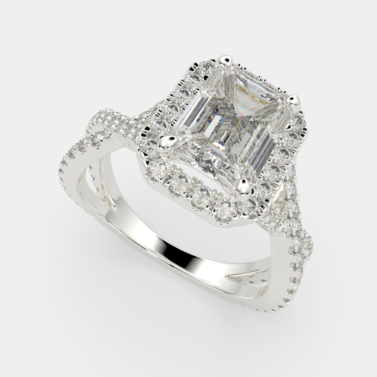 2.35 Carat VS1 D Lab Grown Diamond Halo Pave Split Shank Emerald Ring