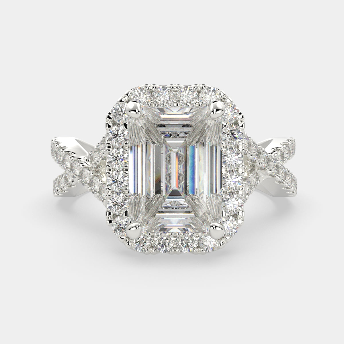 2.35 Carat VS1 D Lab Grown Diamond Halo Pave Split Shank Emerald Ring