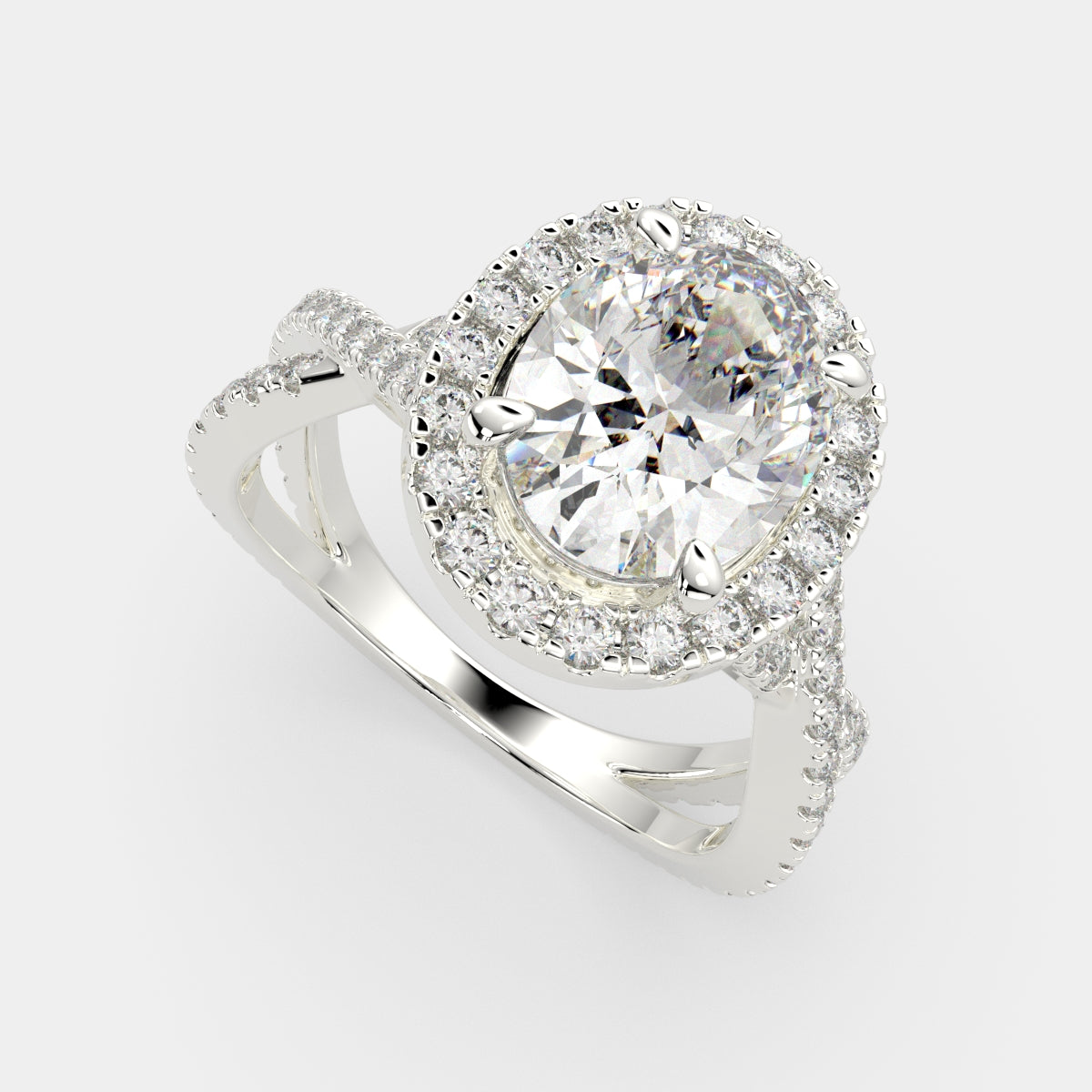 2.35 Carat VS1 D Lab Grown Diamond Halo Pave Split Shank Oval Ring