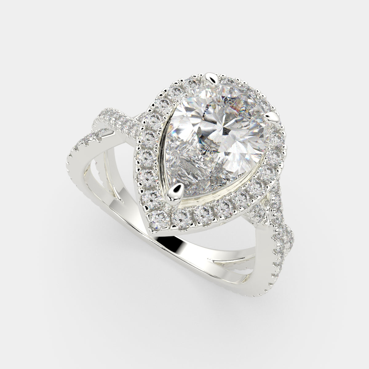 2.35 Carat VS1 D Lab Grown Diamond Halo Pave Split Shank Pear Ring