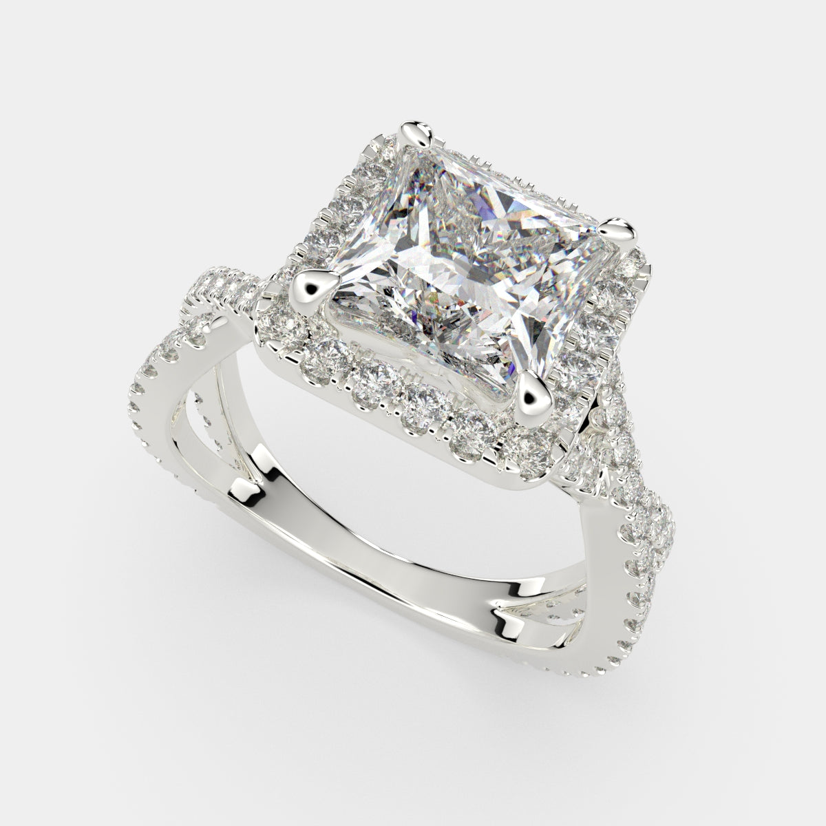 4.35 Carat VS1 D Lab Grown Diamond Halo Pave Split Shank Princess Ring