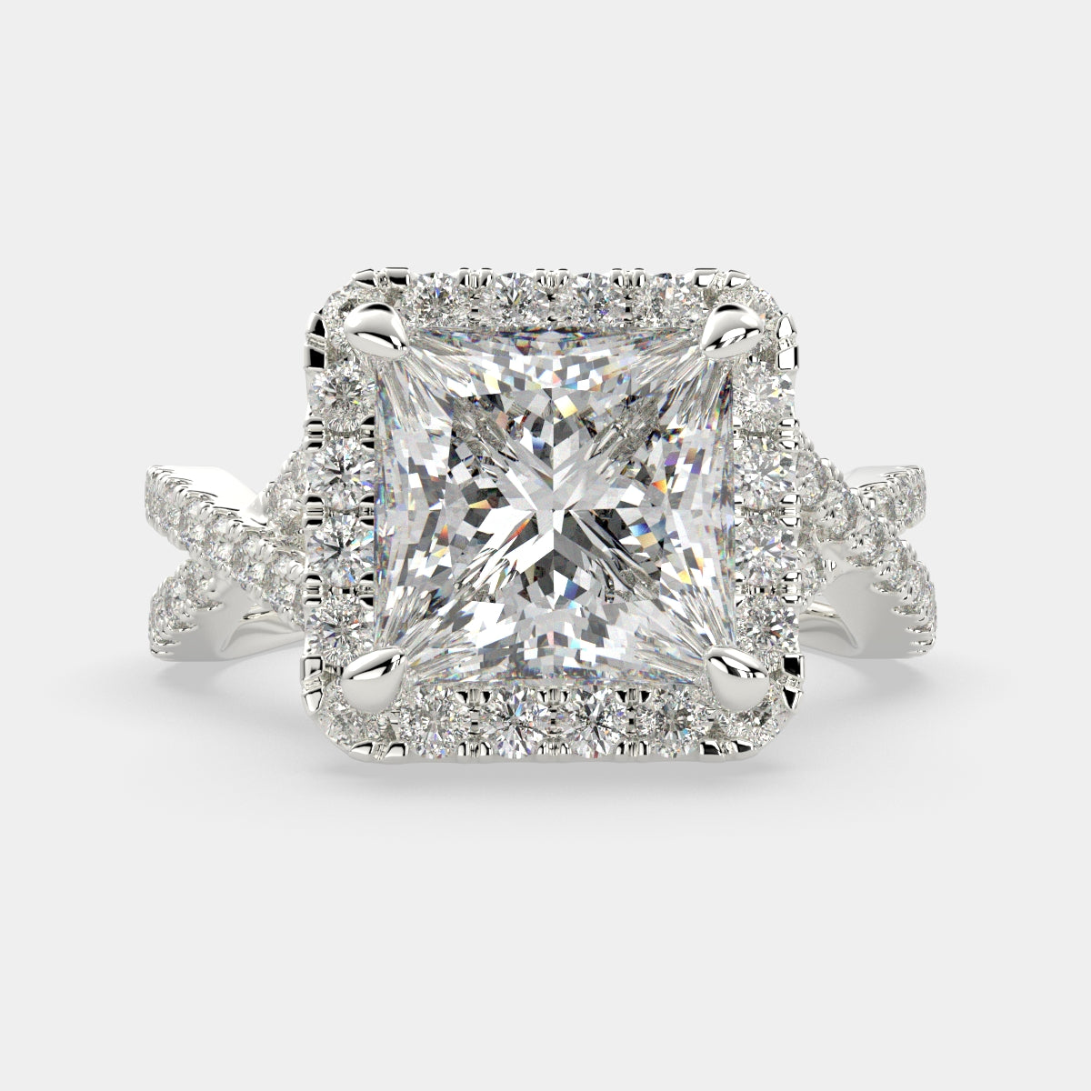 4.35 Carat VS1 D Lab Grown Diamond Halo Pave Split Shank Princess Ring