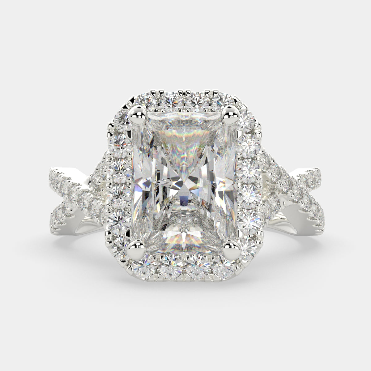 3.35 Carat VS1 D Lab Grown Diamond Halo Pave Split Shank Radiant Ring