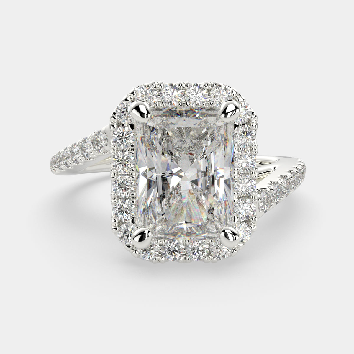 4.35 Carat VS1 D Lab Grown Diamond Halo Pave Radiant Ring