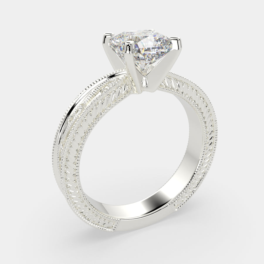 Sabrina 1 Carat Cushion Cut Solitaire Hand Engraved Milgrain Engagement Ring