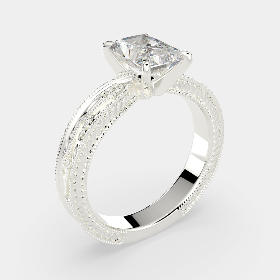 Sabrina 3 Carat Emerald Cut Solitaire Hand Engraved Milgrain Engagement Ring
