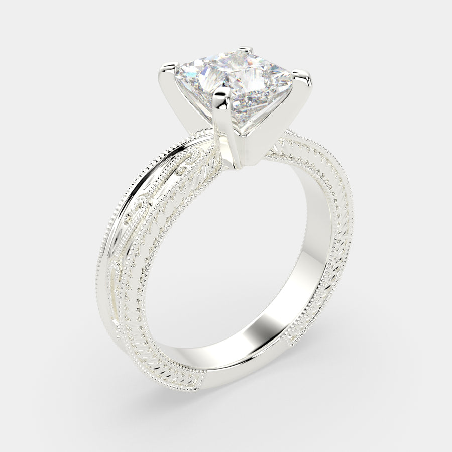 Sabrina 4 Carat Princess Cut Solitaire Hand Engraved Milgrain Engagement Ring