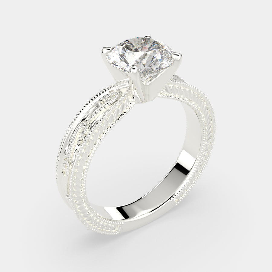 Sabrina 4 Carat Round Cut Solitaire Hand Engraved Milgrain Engagement Ring