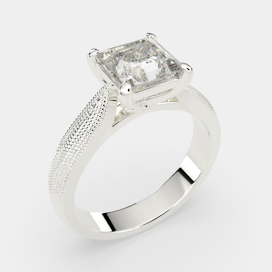 Valentina 3 Carat Princess Cut Solitaire Tapered Milgrain Engagement Ring