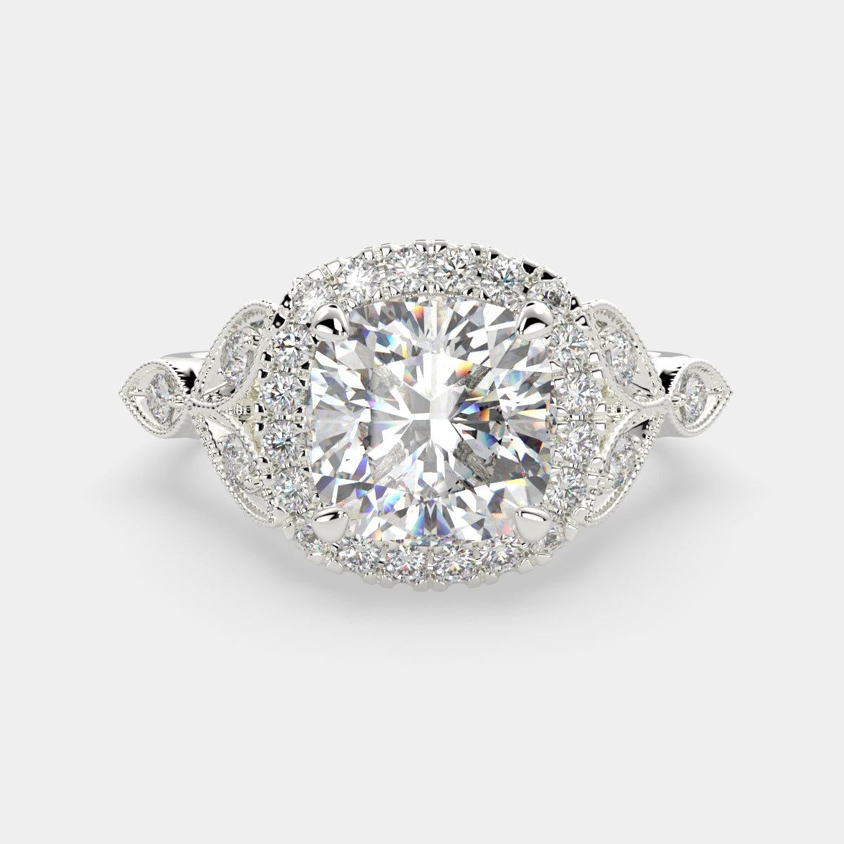1.35 Carat VS1 D Lab Grown Diamond Halo Pave Cushion Ring