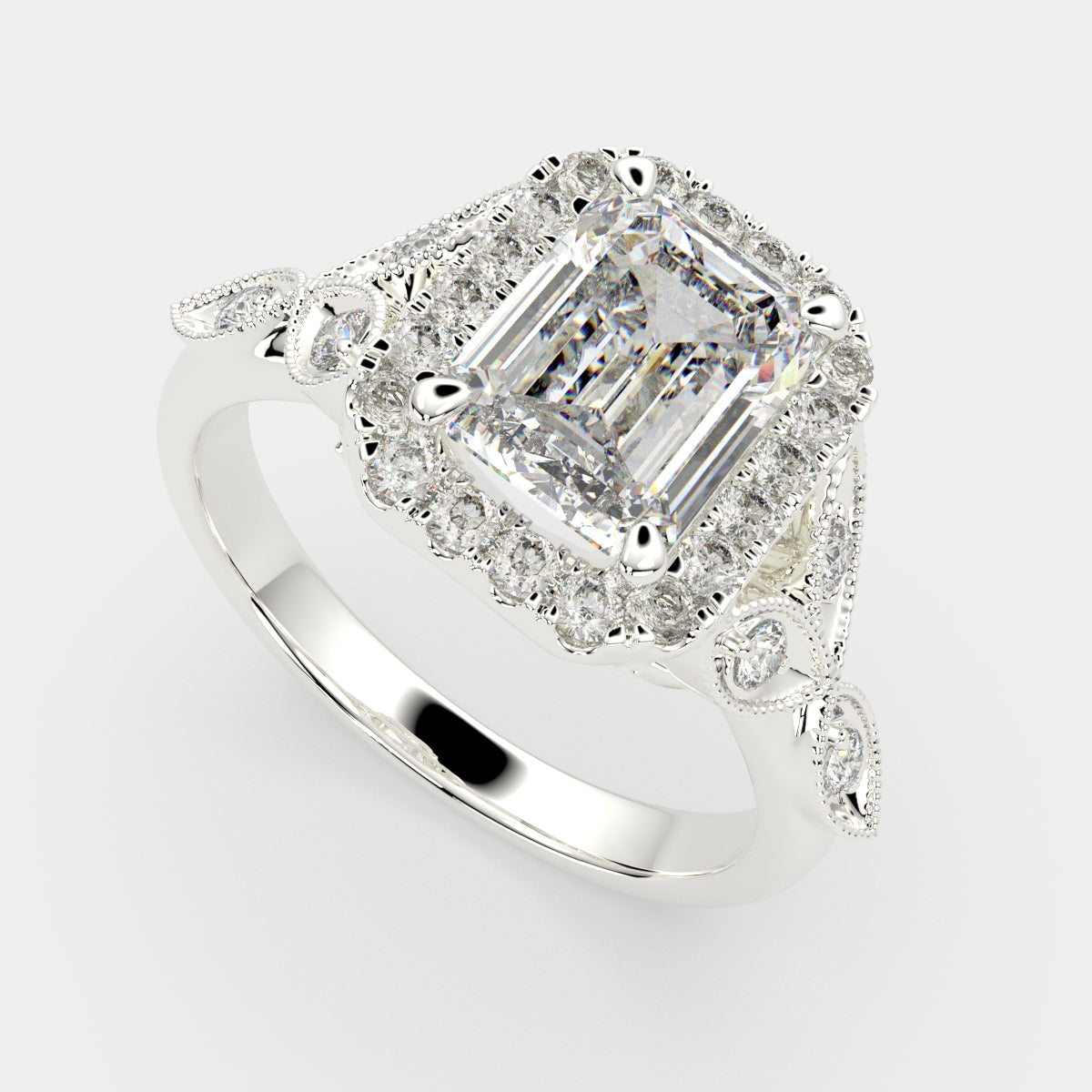 4.35 Carat VS1 D Lab Grown Diamond Halo Pave Emerald Ring