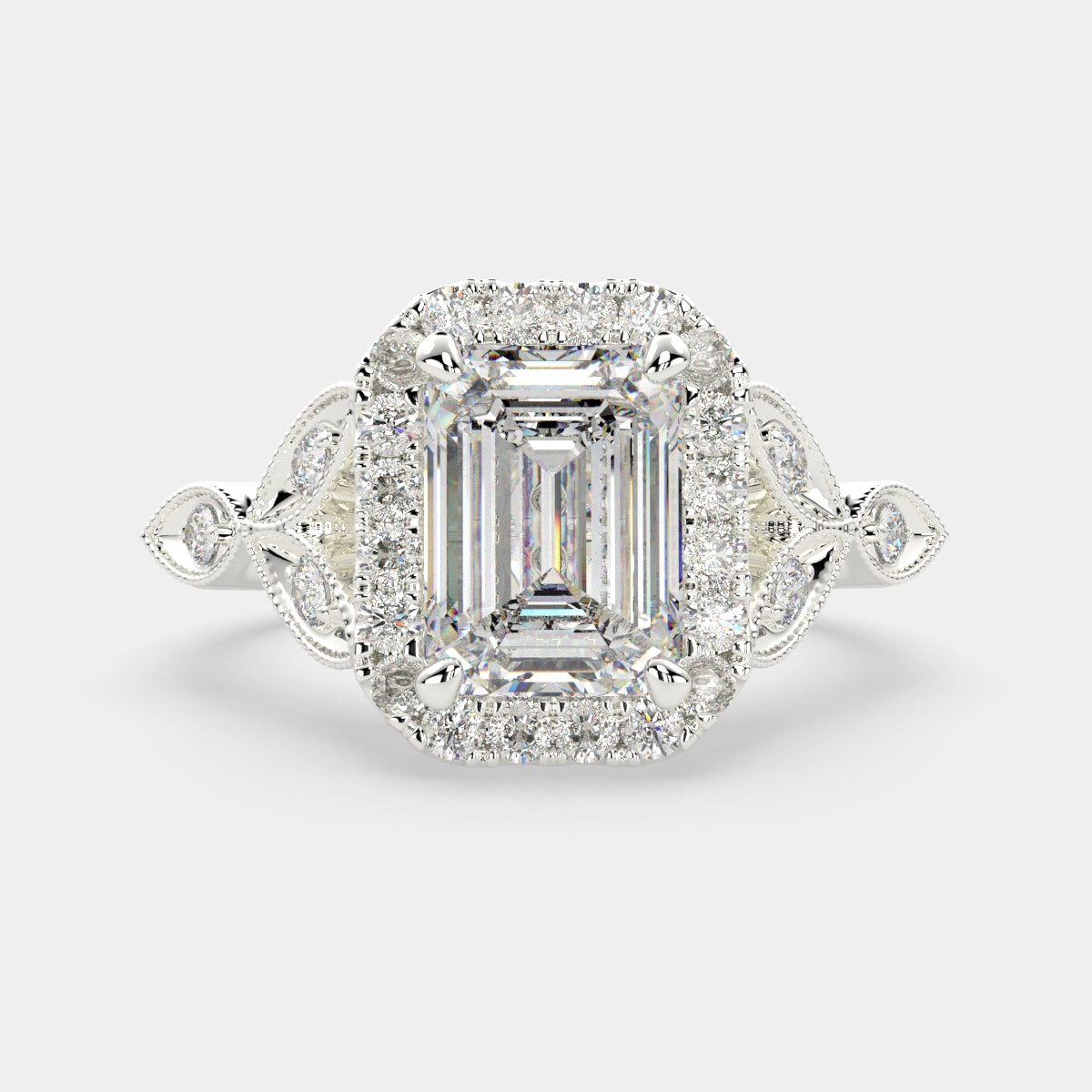 3.35 Carat VS1 D Lab Grown Diamond Halo Pave Emerald Ring