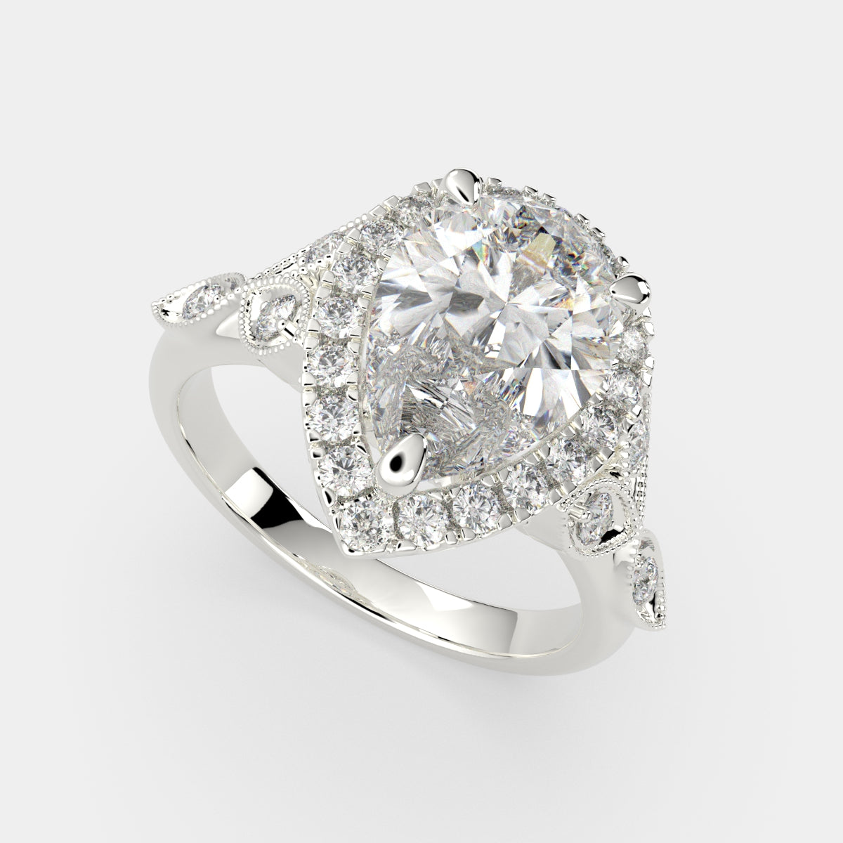 1.35 Carat VS1 D Lab Grown Diamond Halo Pave Pear Ring