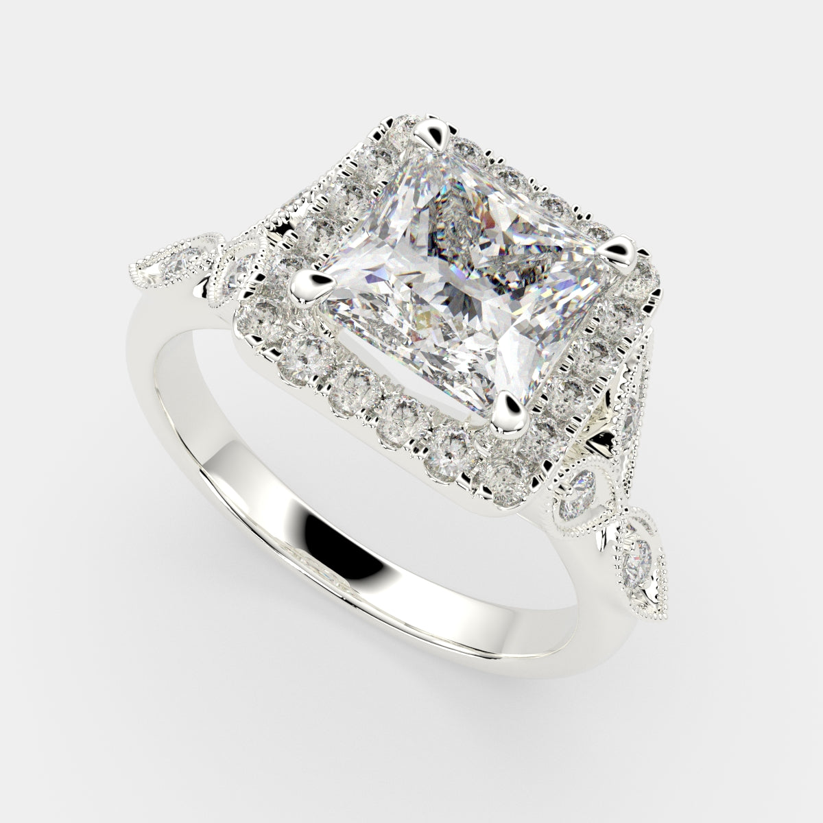 3.35 Carat VS1 D Lab Grown Diamond Halo Pave Princess Ring