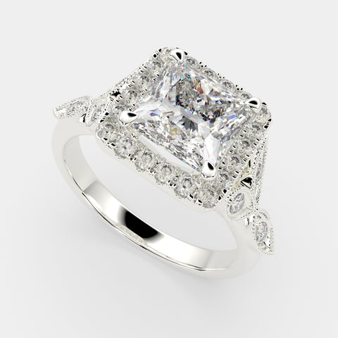 3.35 Carat VS1 D Lab Grown Diamond Halo Pave Princess Ring