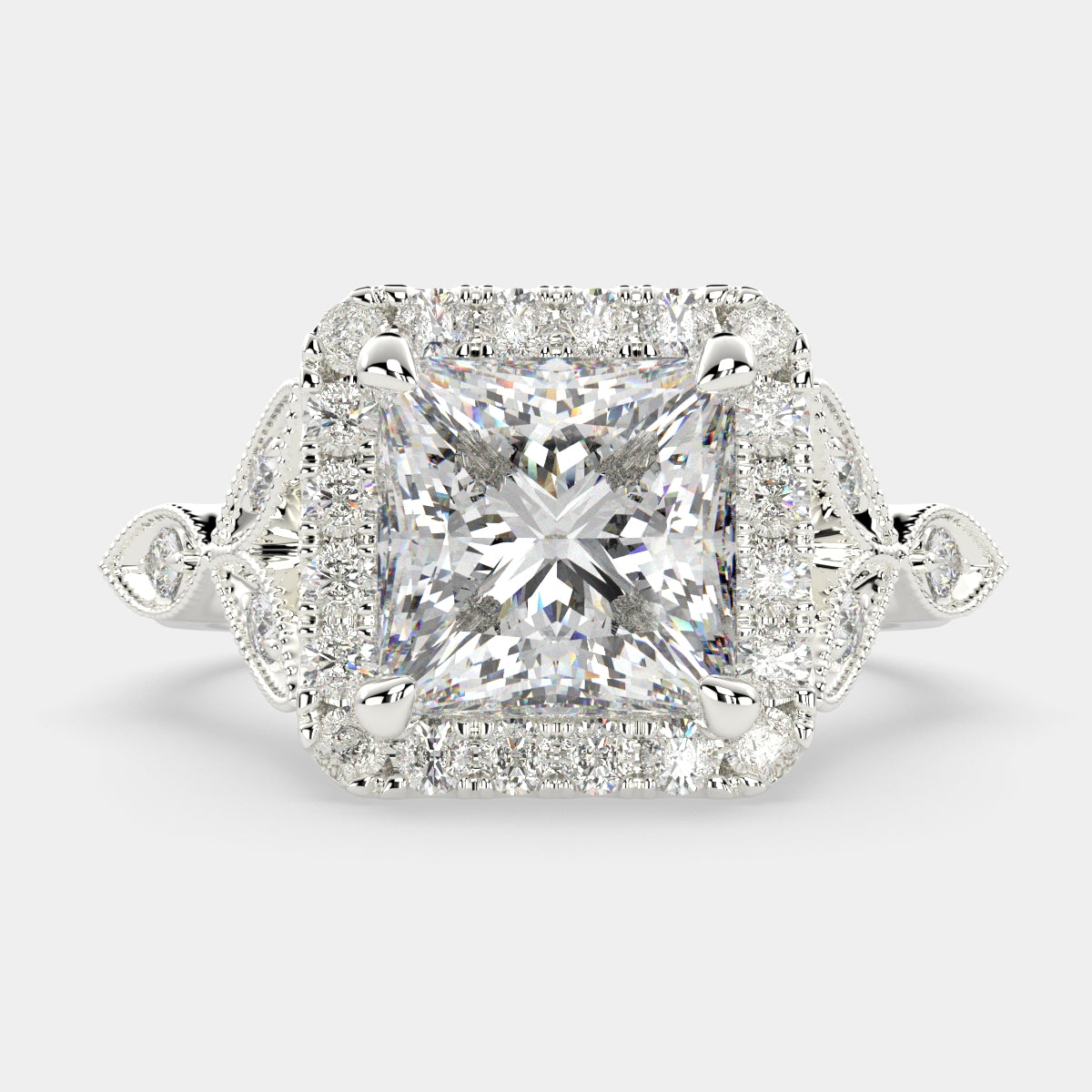 3.35 Carat VS1 D Lab Grown Diamond Halo Pave Princess Ring