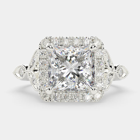 3.35 Carat VS1 D Lab Grown Diamond Halo Pave Princess Ring