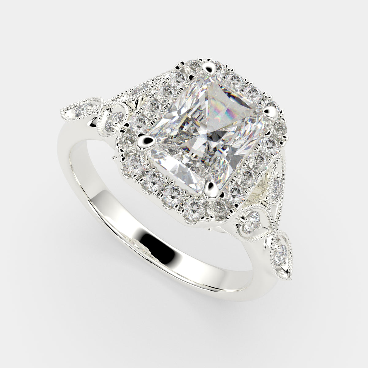 3.35 Carat VS1 D Lab Grown Diamond Halo Pave Radiant Ring