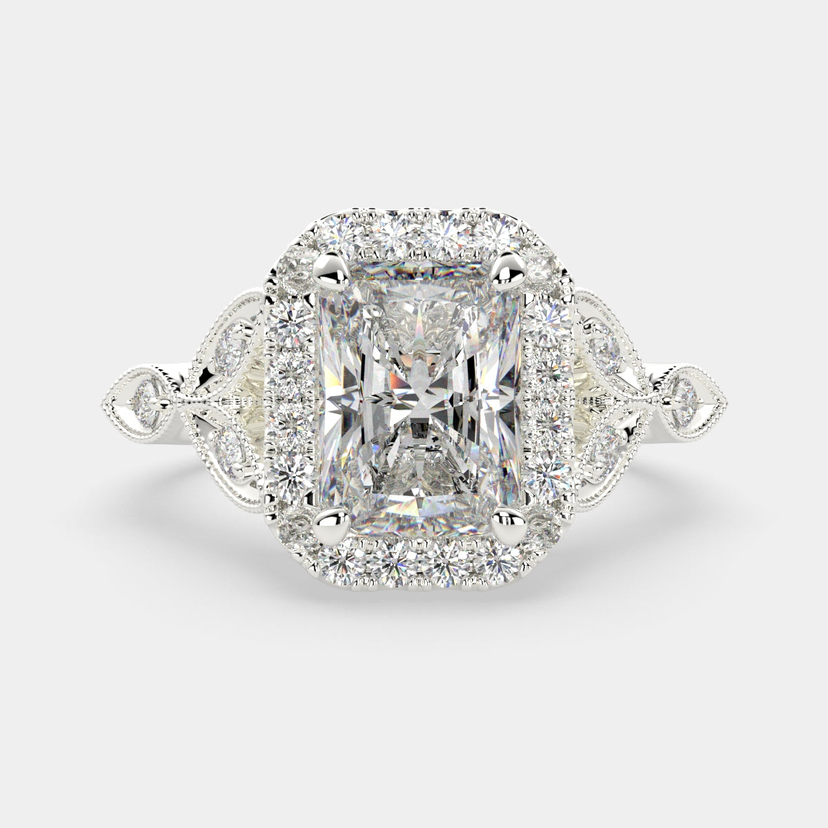 1.35 Carat VS1 D Lab Grown Diamond Halo Pave Radiant Ring