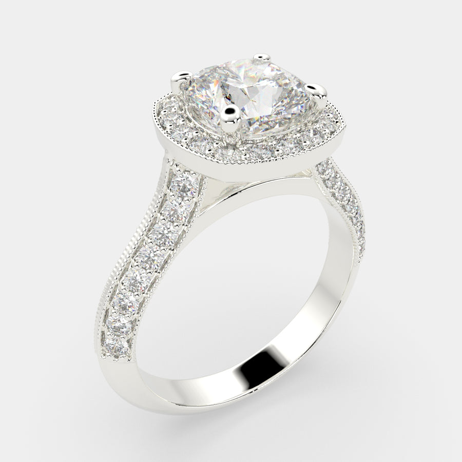 Beatrice 2.45 Carat Cushion Cut Halo Pave Knife Edge Milgrain Engagement Ring