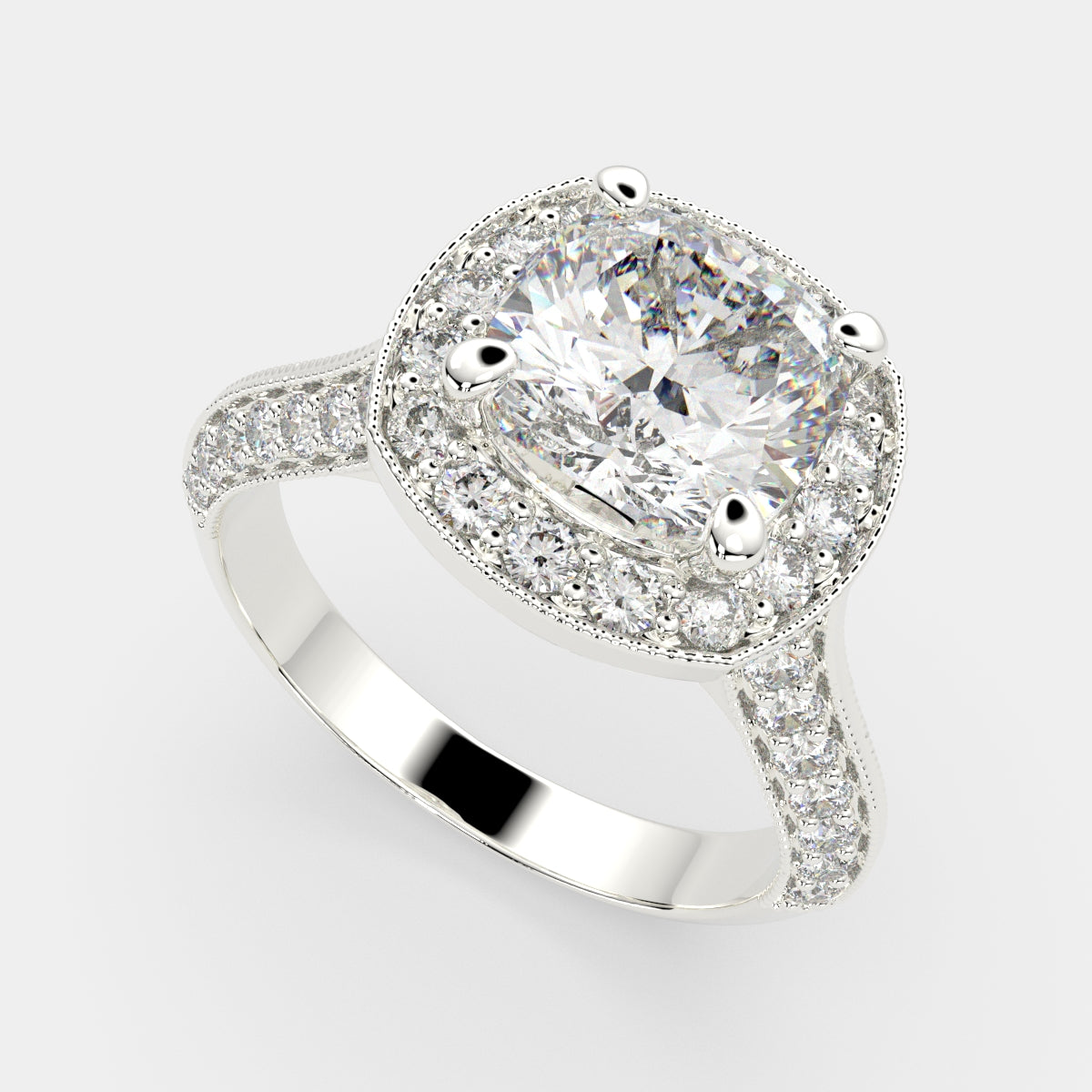 1.45 Carat VS1 D Lab Grown Diamond Halo Pave Cushion Ring