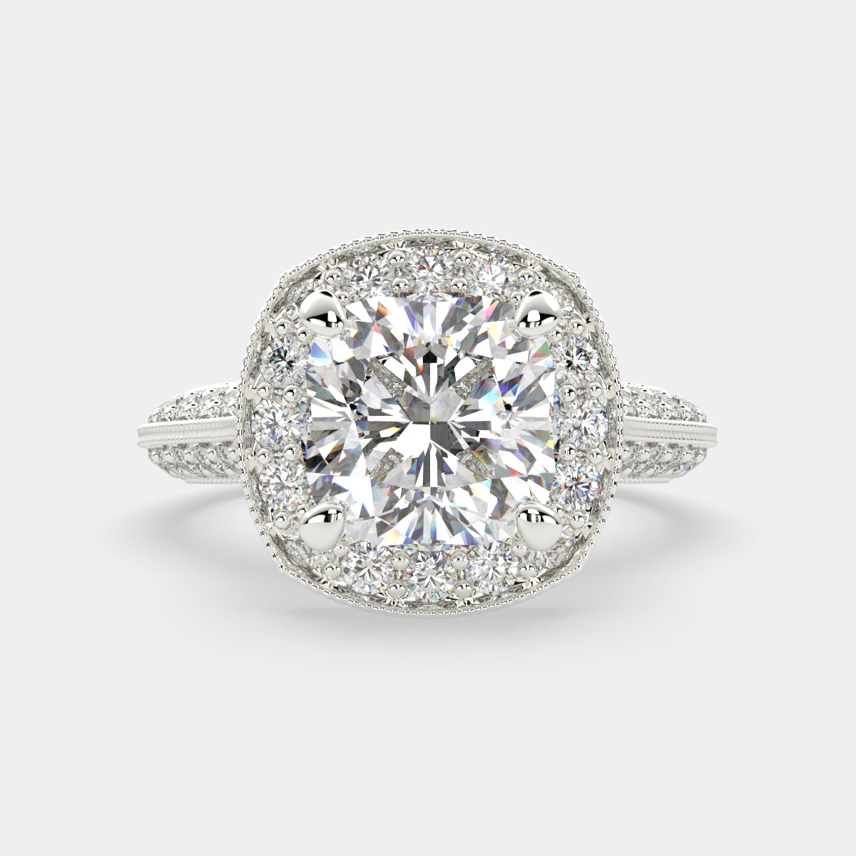 1.45 Carat VS1 D Lab Grown Diamond Halo Pave Cushion Ring