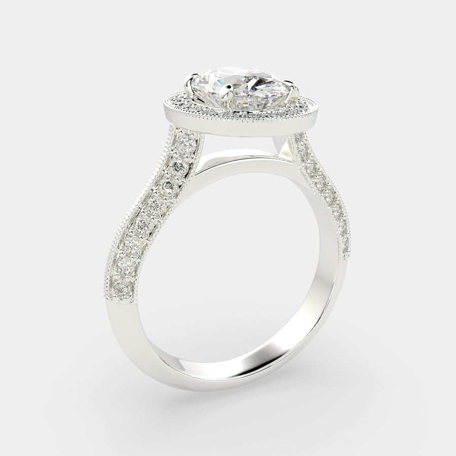 Beatrice 1.45 Carat Oval Cut Halo Pave Knife Edge Milgrain Engagement Ring