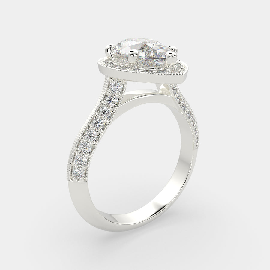 Beatrice 2.45 Carat Pear Cut Halo Pave Knife Edge Milgrain Engagement Ring