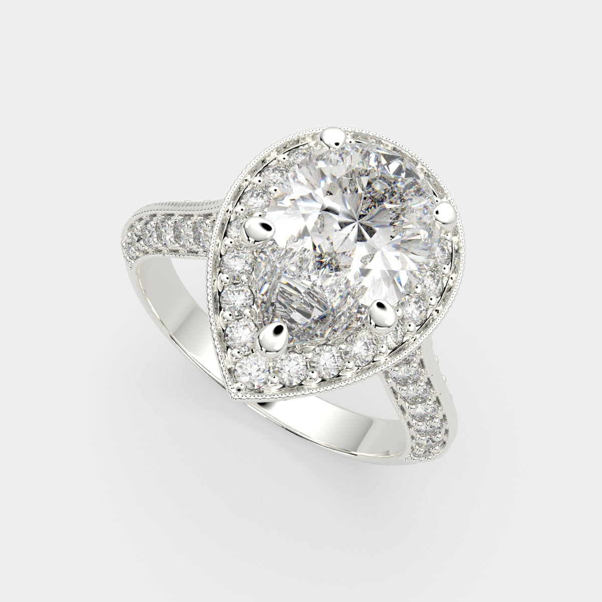 3.45 Carat VS1 D Lab Grown Diamond Halo Pave Pear Ring