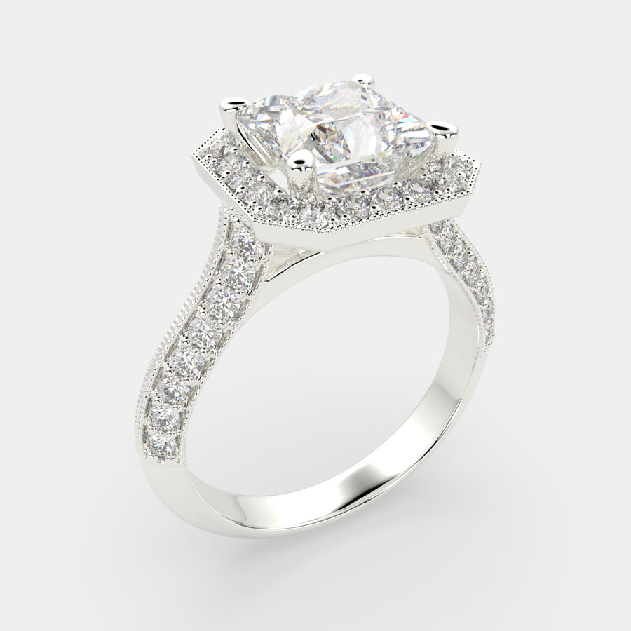 Beatrice 4.45 Carat Princess Cut Halo Pave Knife Edge Milgrain Engagement Ring