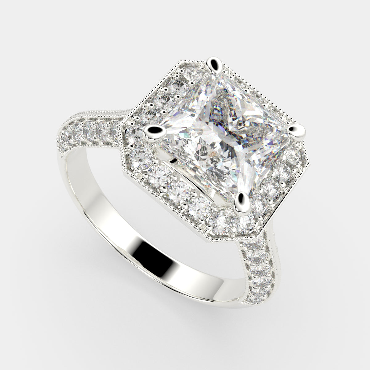 4.45 Carat VS1 D Lab Grown Diamond Halo Pave Princess Ring