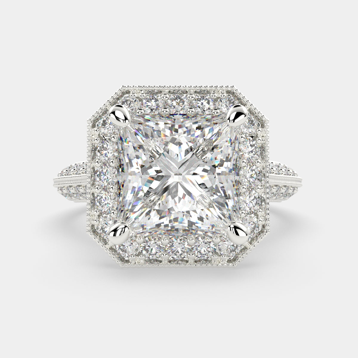 4.45 Carat VS1 D Lab Grown Diamond Halo Pave Princess Ring
