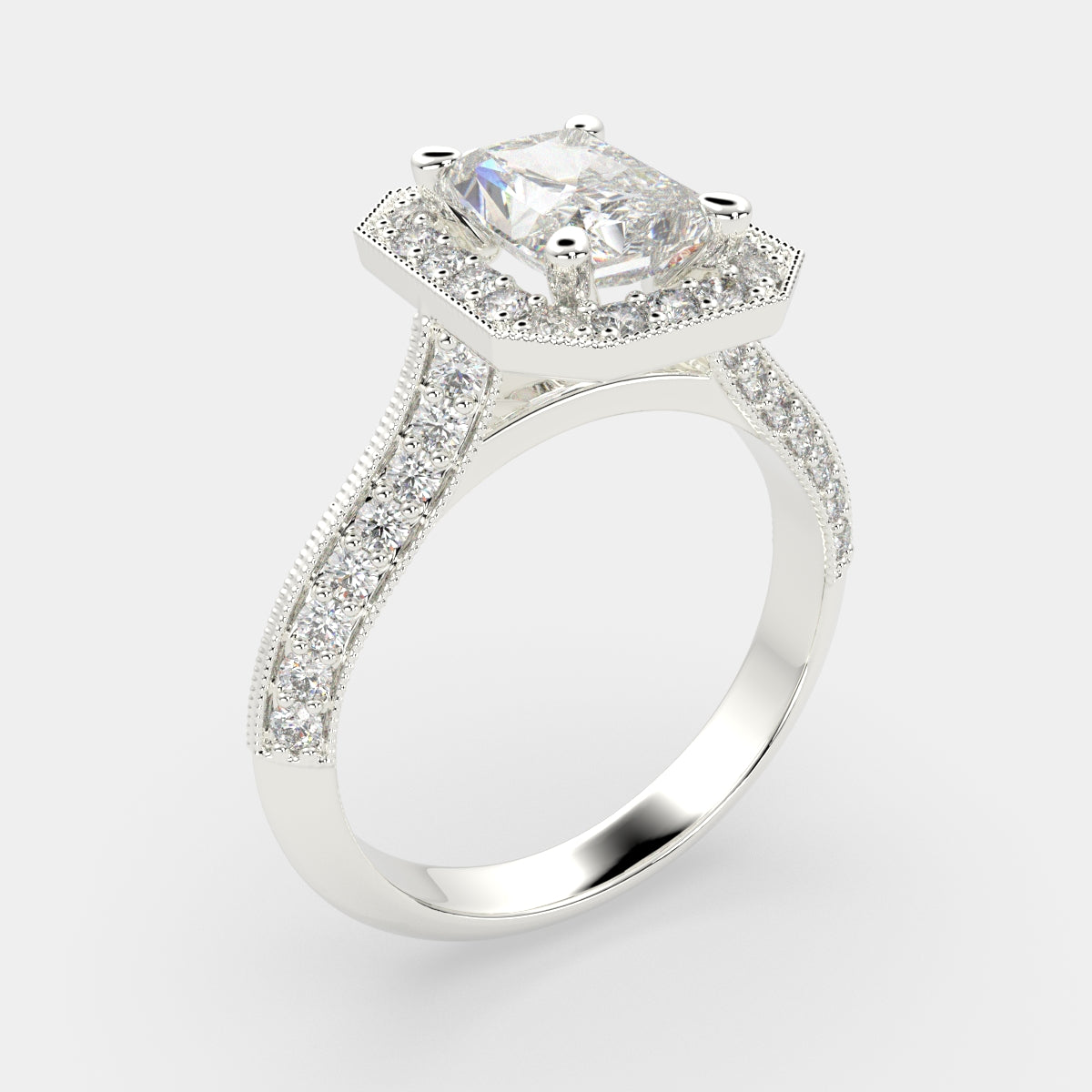 1.45 Carat VS1 D Lab Grown Diamond Halo Pave Radiant Ring