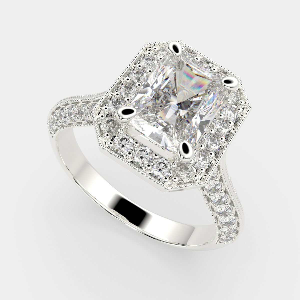 1.45 Carat VS1 D Lab Grown Diamond Halo Pave Radiant Ring