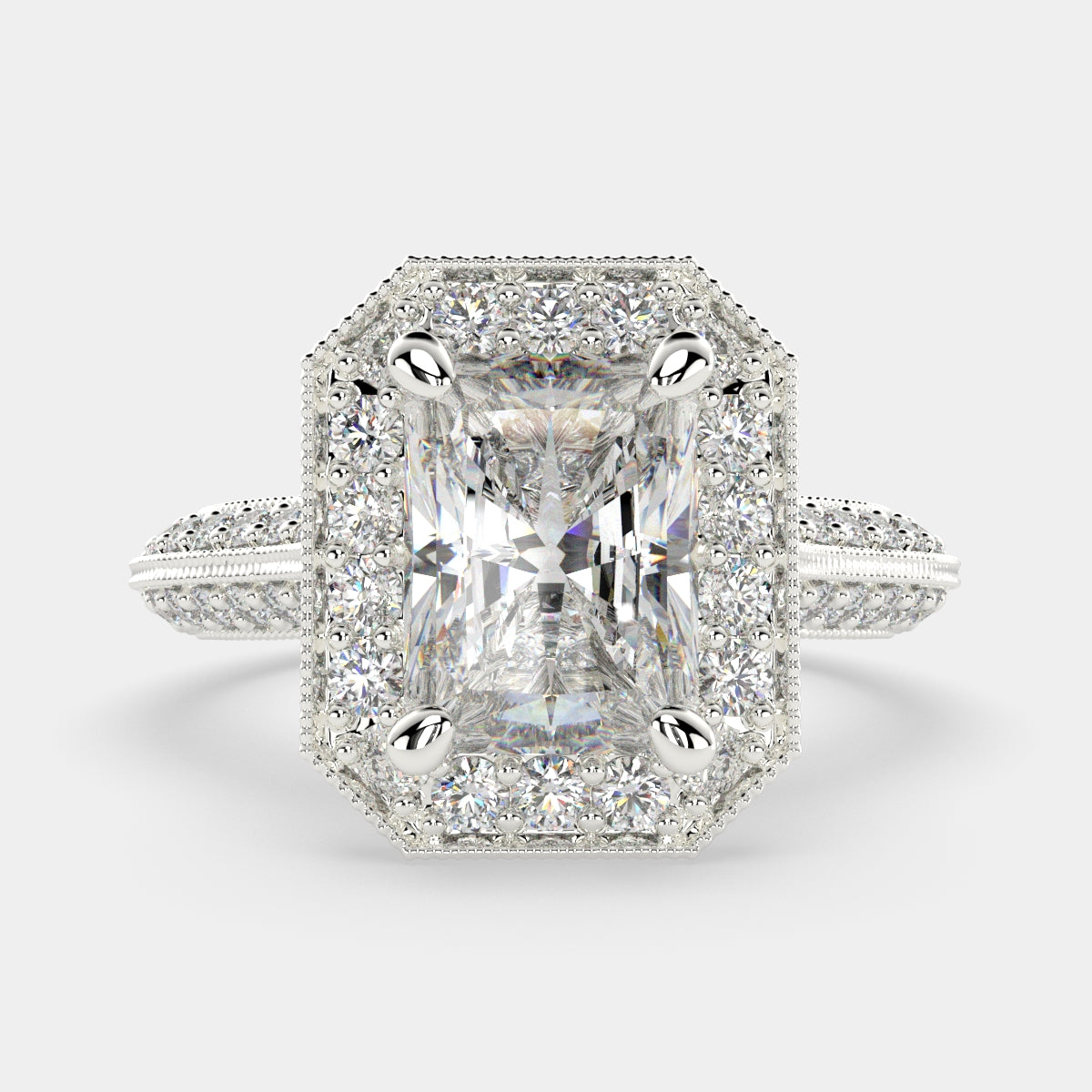 1.45 Carat VS1 D Lab Grown Diamond Halo Pave Radiant Ring