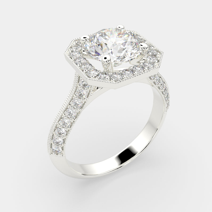 Beatrice 3.45 Carat Round Cut Halo Pave Knife Edge Milgrain Engagement Ring