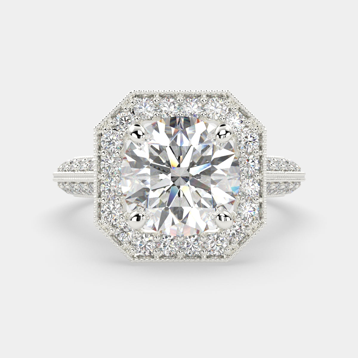 1.45 Carat VS1 D Lab Grown Diamond Halo Pave Round Ring