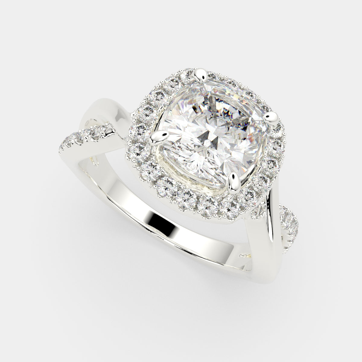 3.35 Carat VS1 D Lab Grown Diamond Halo Pave Split Shank Cushion Ring